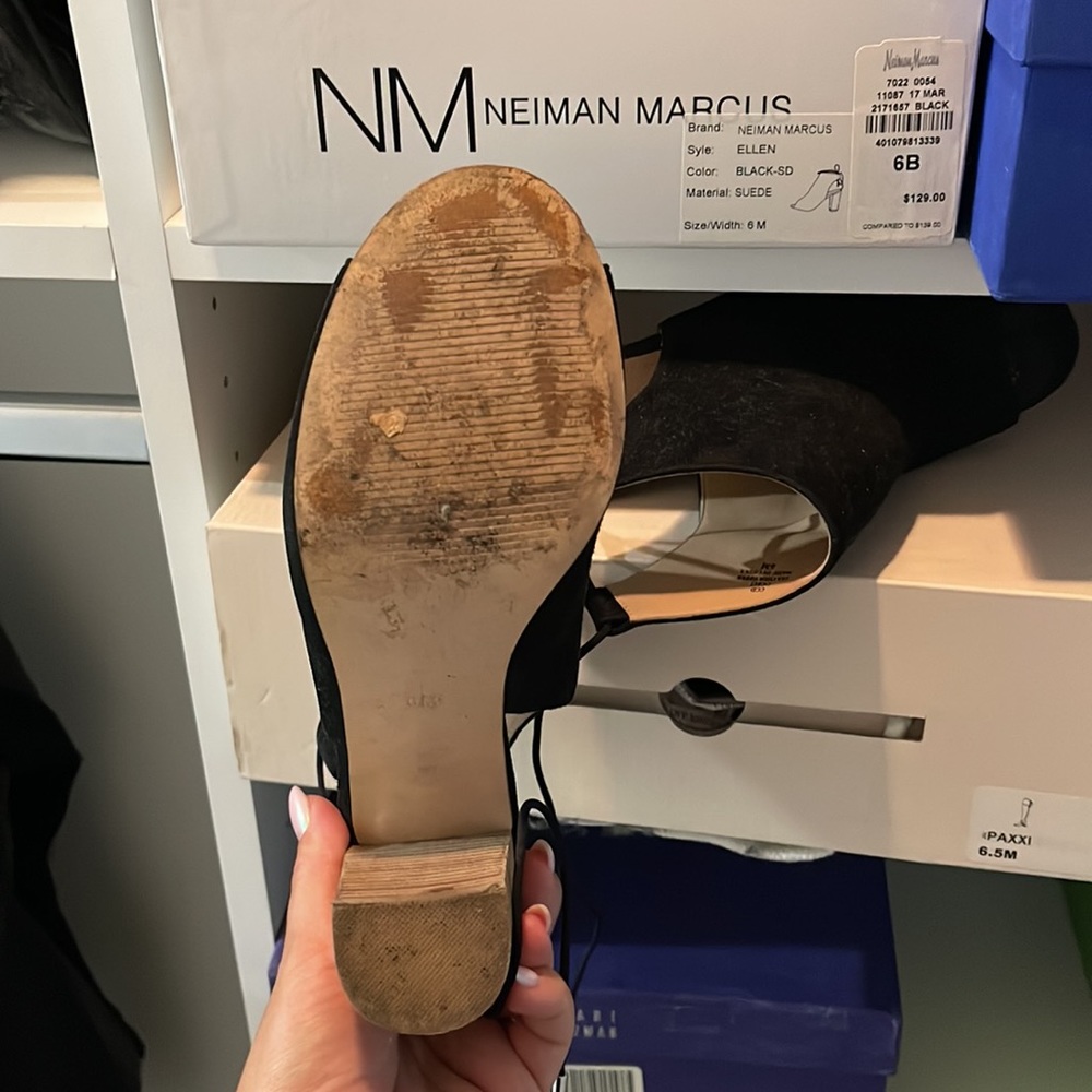 Neiman Marcus Ellen Black Suede Open-toe Booties - Picture 4 of 4